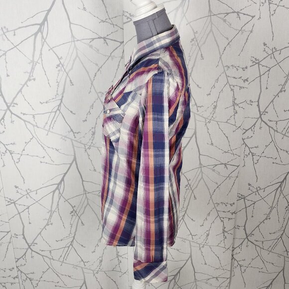 True Religion Pink Plaid Cotton Pearl Snap Western Blouse - Picture 3 of 7